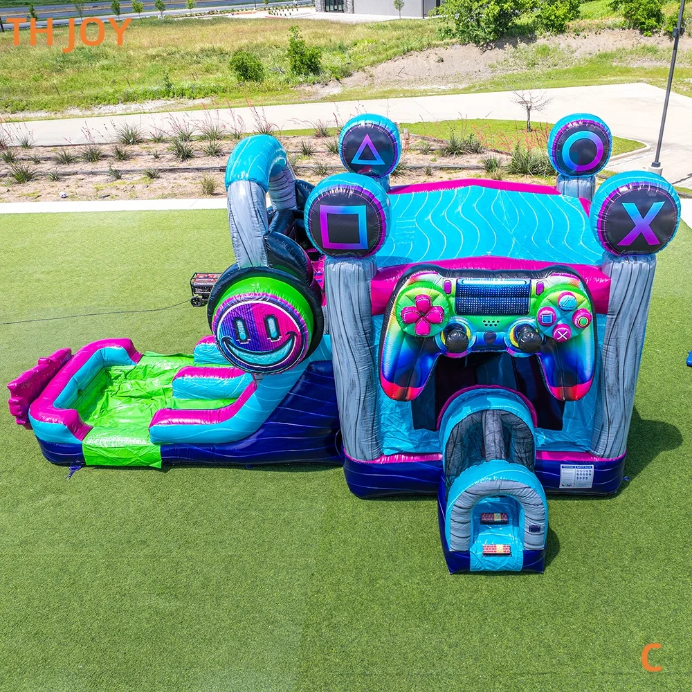 Casa gonfiabile personalizzata lunga 8 m 26,5 piedi con scivolo, castello gonfiabile per noleggio commerciale con scivolo d'acqua e combos per piscina