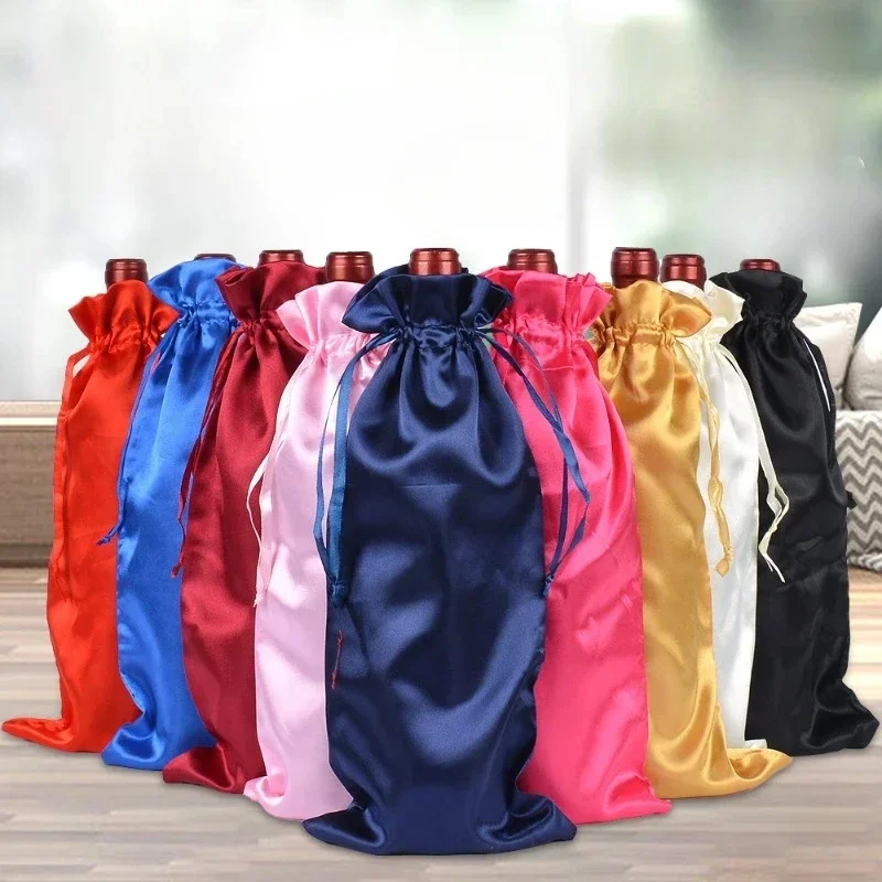 Sac de rangement en satin avec cordon de proximité, emballage pour vin rouge, champagne, fête de mariage, décoration de Noël, 15x35cm, lot de 10 pièces