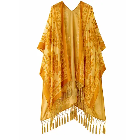 WeHello Women Burnout Velvet Kimono Long Cardigan Cover Up with Tassel Bright Yellow Holiday Casual Cardigan Shawl Oversize Top