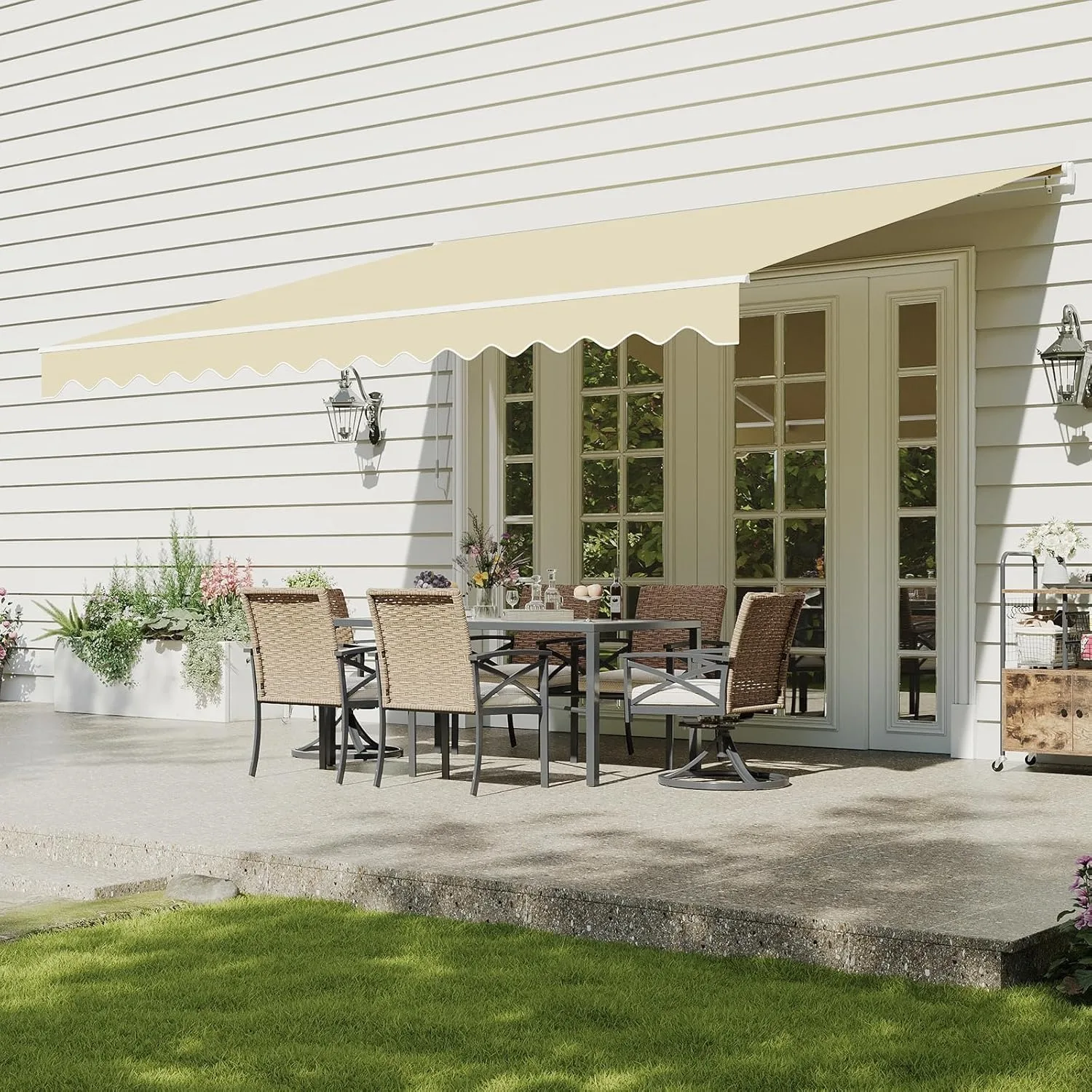 Nordivale 12x10 FT Manual Retractable Awning Outdoor Patio Sun Shade Canopy Waterproof Polyester PA Coated Fabric with Crank Handle for Backyard Deck Window Beige