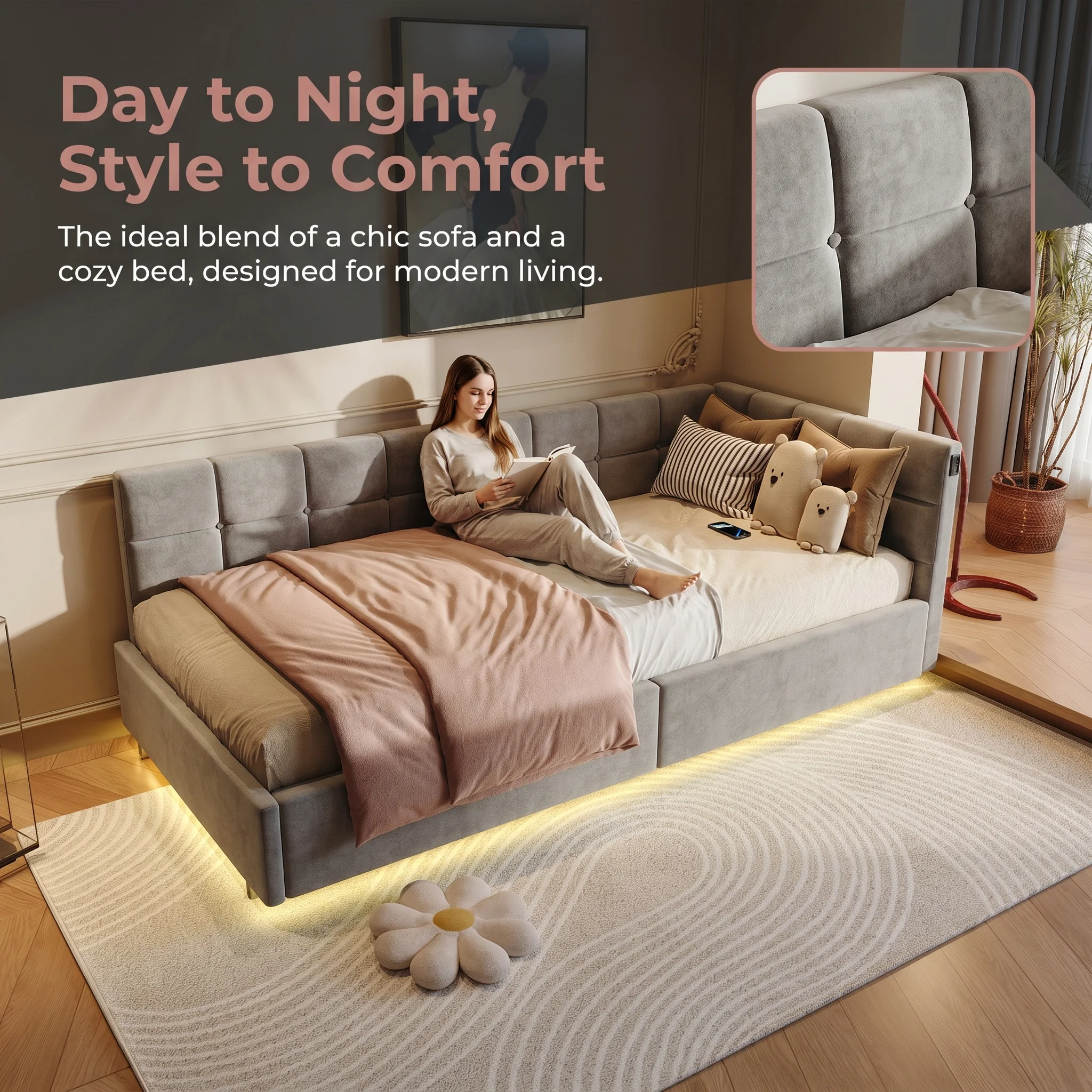 Superaly Diván Cama con Almacenamiento Hidráulico de 90x200cm, Tamaño Individual, Sofá Cama de Terciopelo Gris con Luces LED RGB, Estación de Carga USB-C, No Requiere Somier