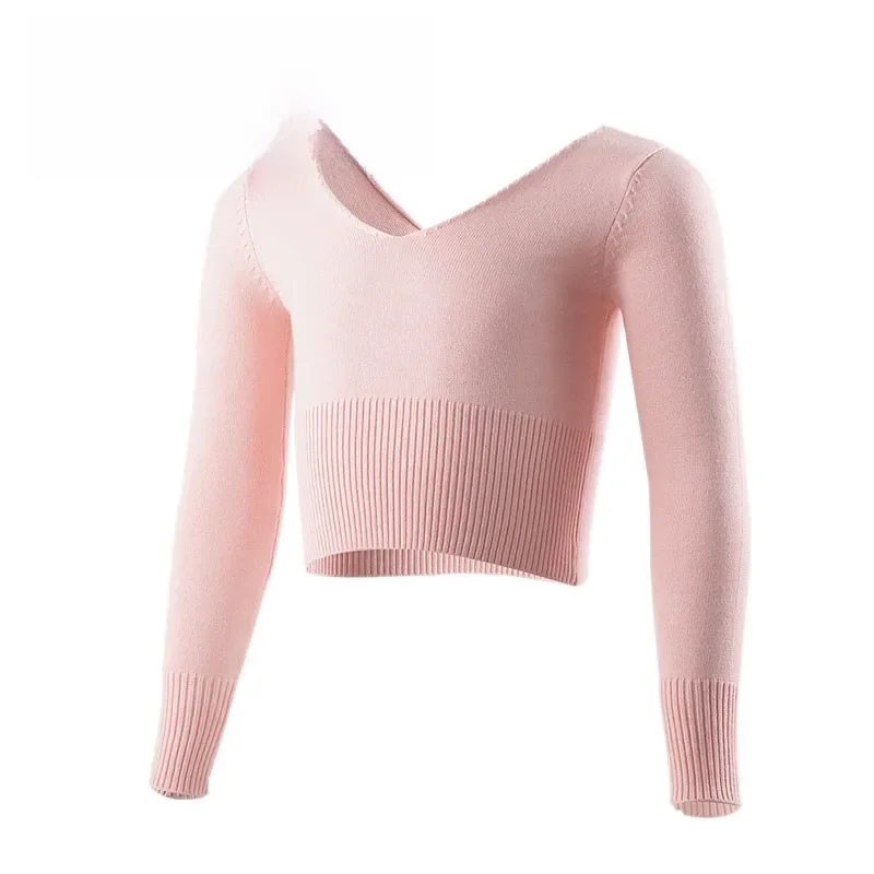 Dziecięcy dziewczęcy sweter baletowy Kardigan z wysoką talią Balet rozgrzewka do trykotów V Neck Długi rękaw Pullover Knit Crop Top Sweatshirt — zdjęcie 2