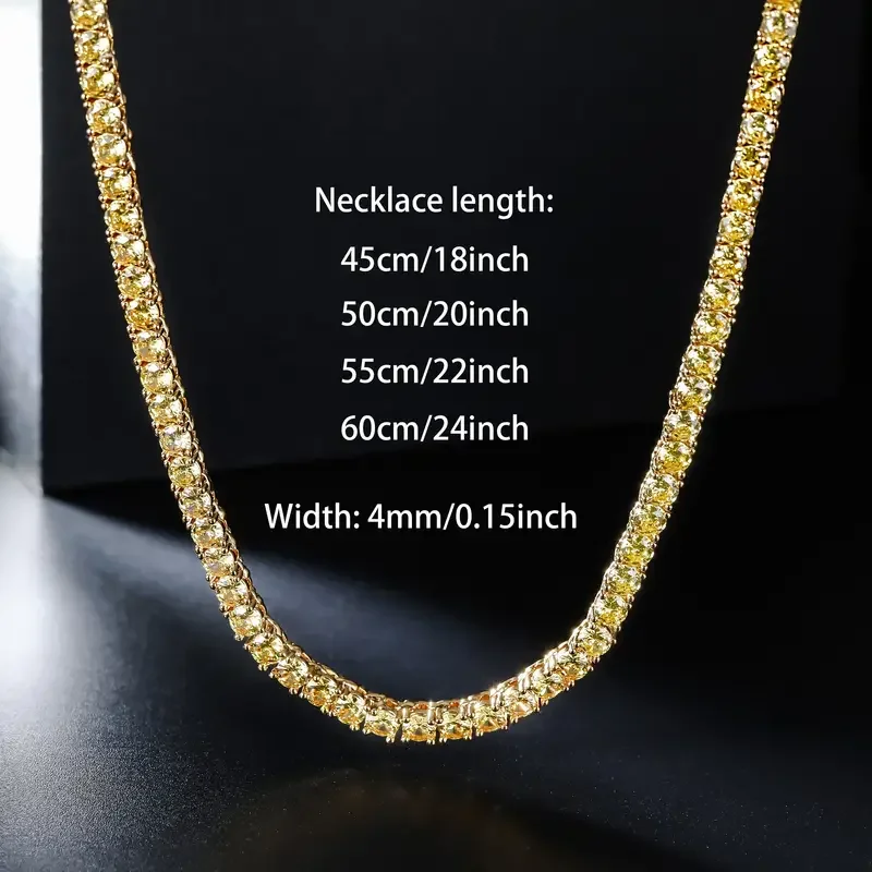 4mm Yellow Cubic Zirconia Copper Tennis Necklace Chain Unisex 18K Gold Plated Men's Gift for Thanksgiving Christmas Father's Day