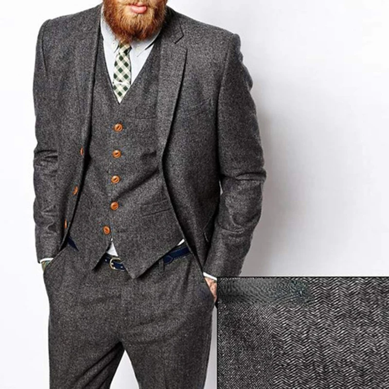  Tailor セットアップスーツ 3L ツイード ヘリンボーン グレーヘリンボーン男性のスーツツイード英国スタイルカスタム男性