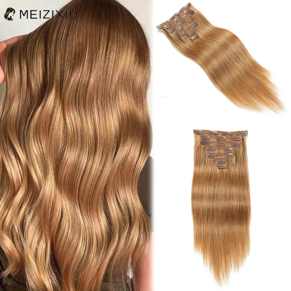 Extensiones de cabello rubio Remy para mujer, cabello humano liso de cabeza completa, 7 piezas, 12 a 18 pulgadas