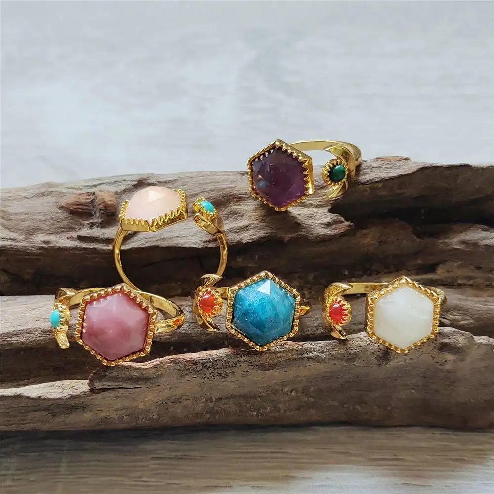 

FUWO Carved Hexagon Crystal Ring,Golden Plated Bohemian Natural Semi Precious Stone Adjustable Ring For Women RG047 5PCS/Lot