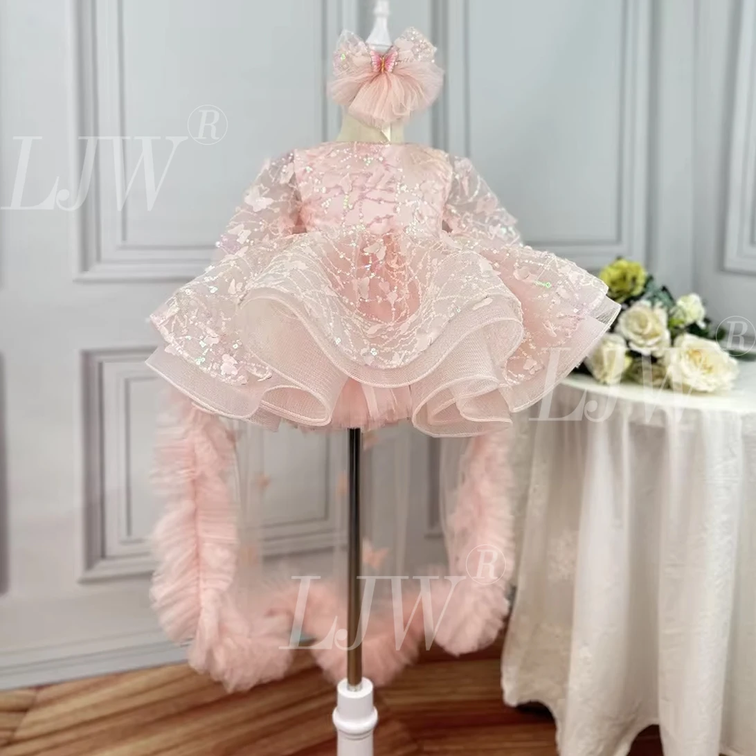 Baby dress first birthday party trailing bow with small flying sleeves elegant high-end mesh girl princess dress