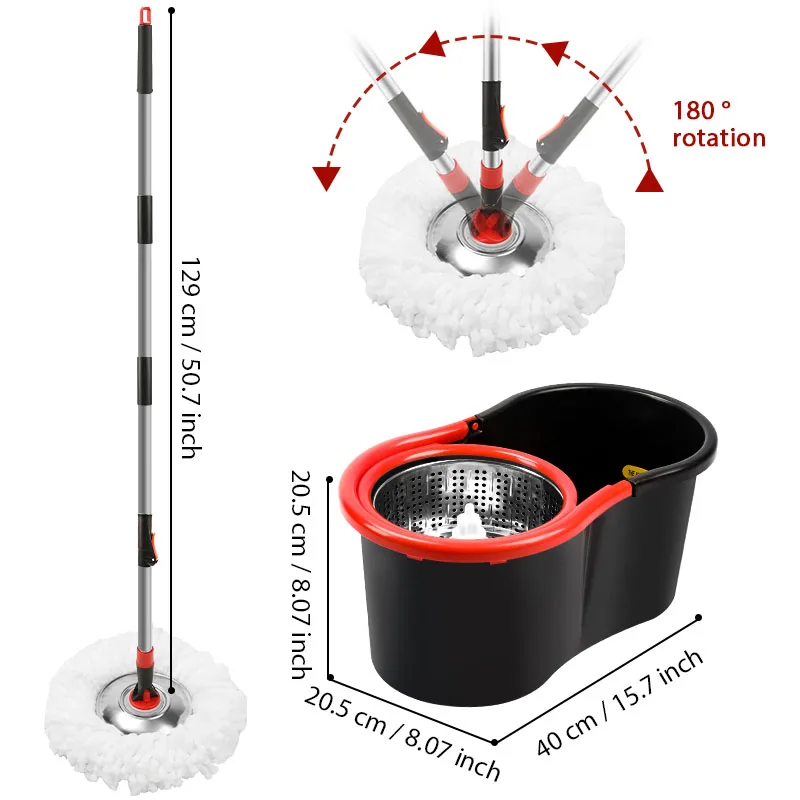Multi-Functional Spin Mop and Bucket Set with Wring System–Adjustable & Extendable Pole with 2 Replacement Microfiber Mop Heads