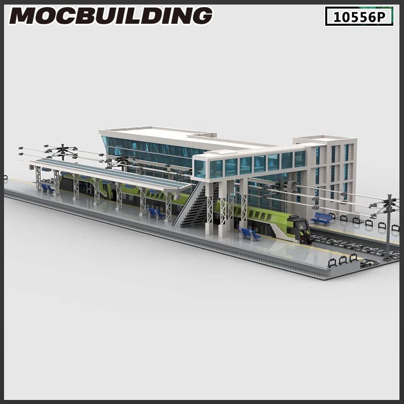 Moc Modern Central Train Station Building Block Model Bricks DIY Urban Transport Hub Street Scene View Modular Toy Birthday Gift