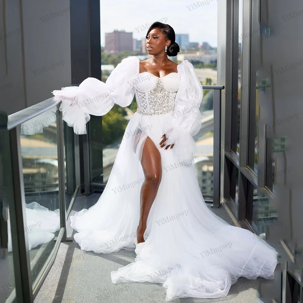 

Civil Puff Sleeve Wedding Robes for Bride Africa High Split A-Line Crystals Sweetheart Tulle Bridal Shower Dresses Customized