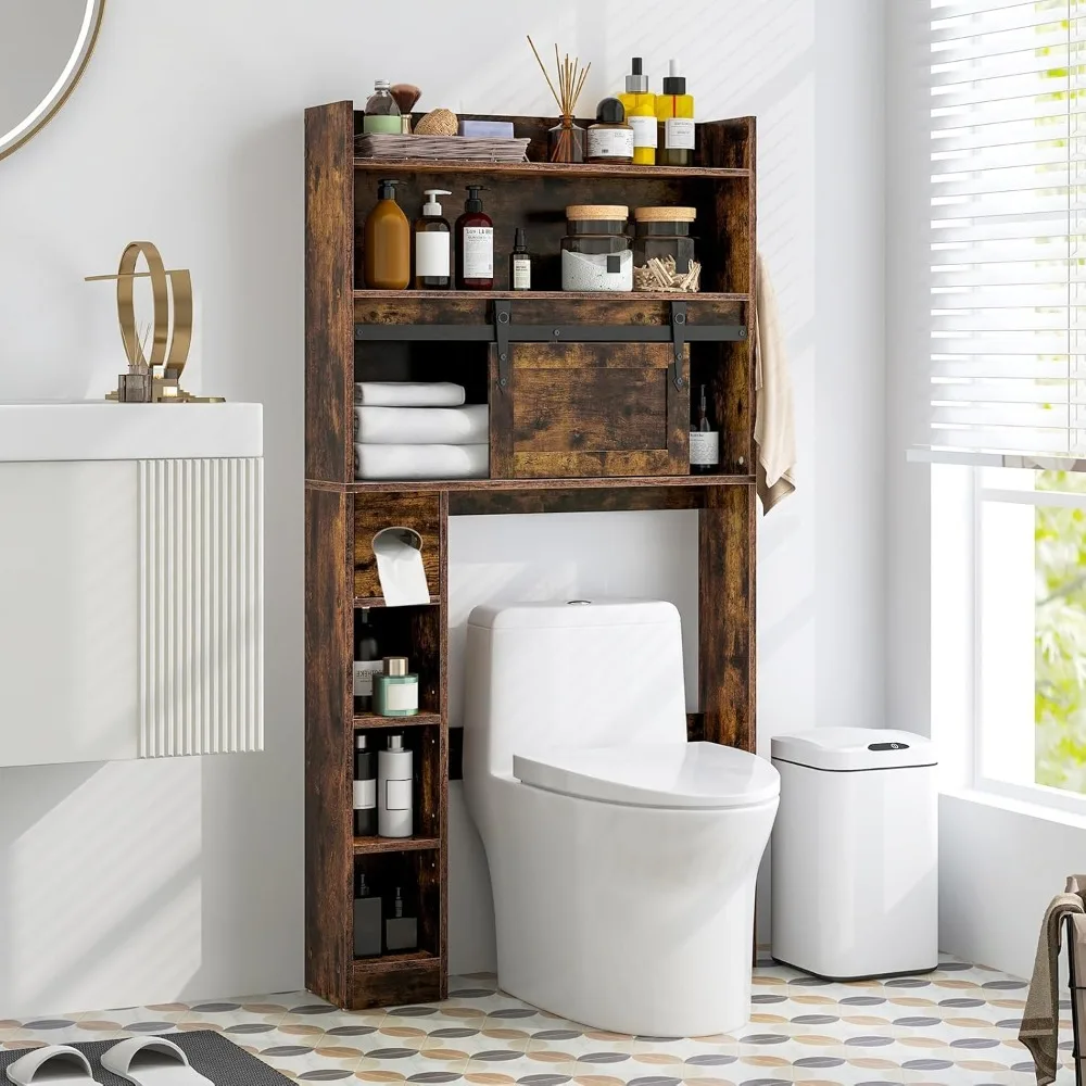 

Over The Toilet Storage Cabinet, Farmhouse Space Saver with Sliding Door, Toilet Paper Holder, Side Hooks & Adjustable Shelves