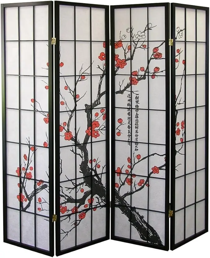 Black  4-Panel Room Divider - Plum Blossom Design, Elegant and Functional for Space Separation