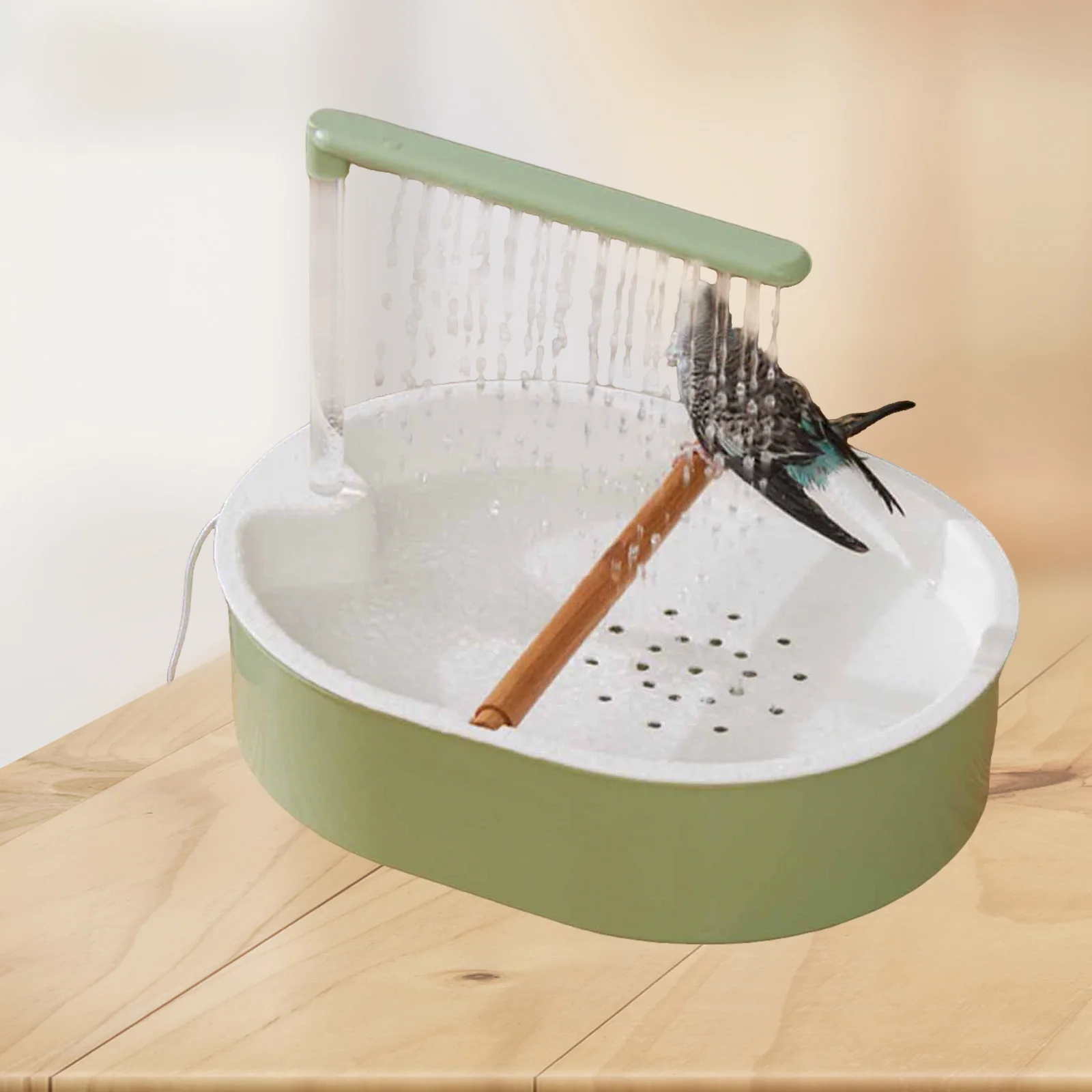 

Bird Automatic Bath Shower with Wooden Perches Parrot Bathing Tub Container Cage Accessory for Cockatiel Lovebird Bird Supplies
