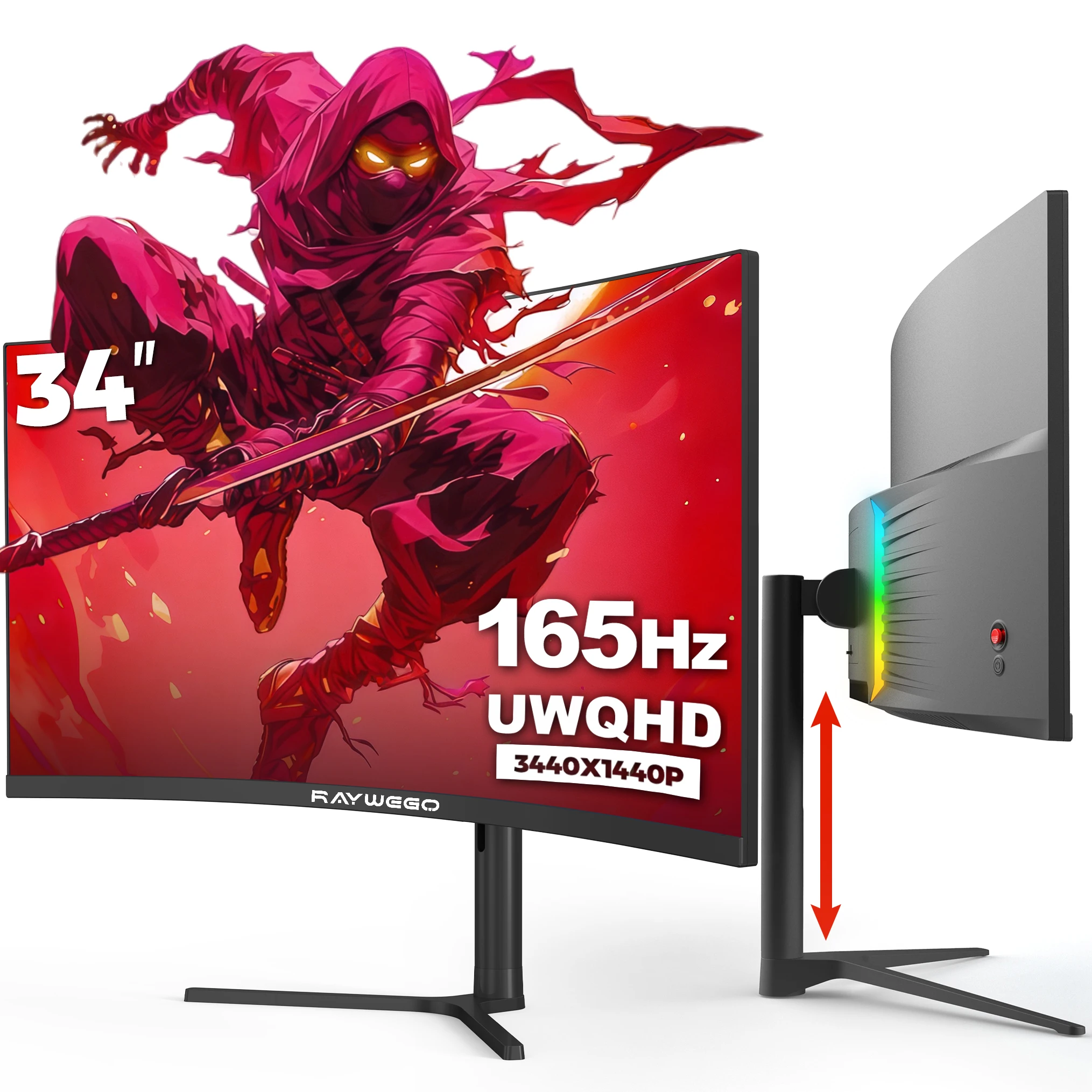Raywego 34 Inch Ultrawide Gaming Curved Monitor, UWQHD 1440P Gaming Monitor, 165Hz, 1500R, Tilt/Height Adjustable, 127% sRGB, FreeSync, Eye Care, VESA(100mm x 100mm), PIP/PBP, VA Panel, Black