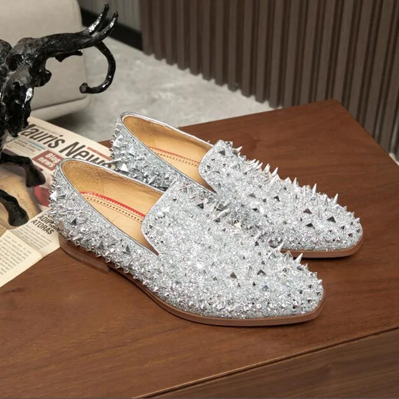 Designer Gold Studded Loafers Shoes Men Luxury Glitter Crystal Spikes Flat Men's Formal Shoes