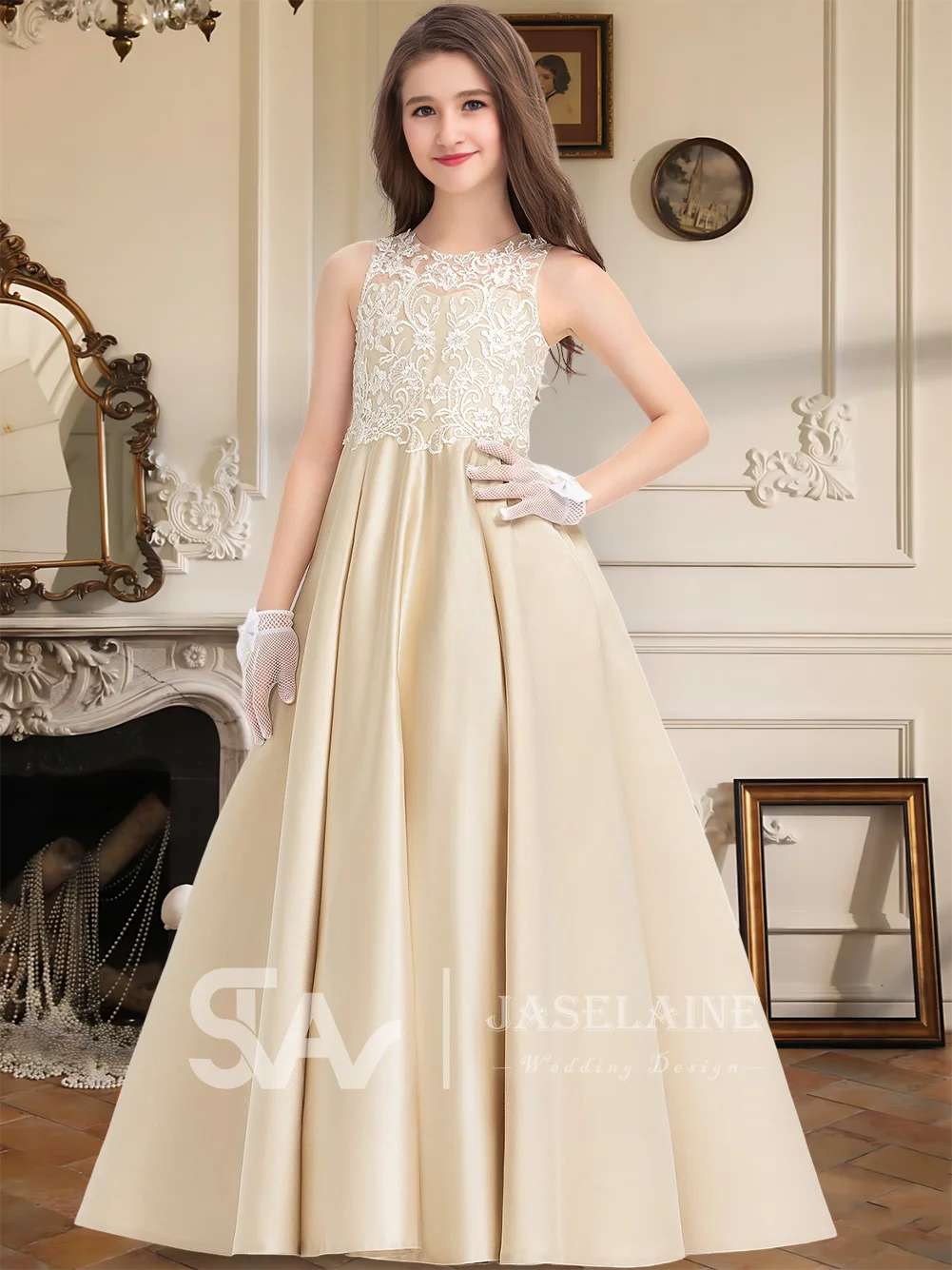 

DSG Kids Child Ball Gown Princess Scoop Floor Length Satin Lace Junior Bridesmaid Dress Ivory Flower Girl Wedding Party Dress