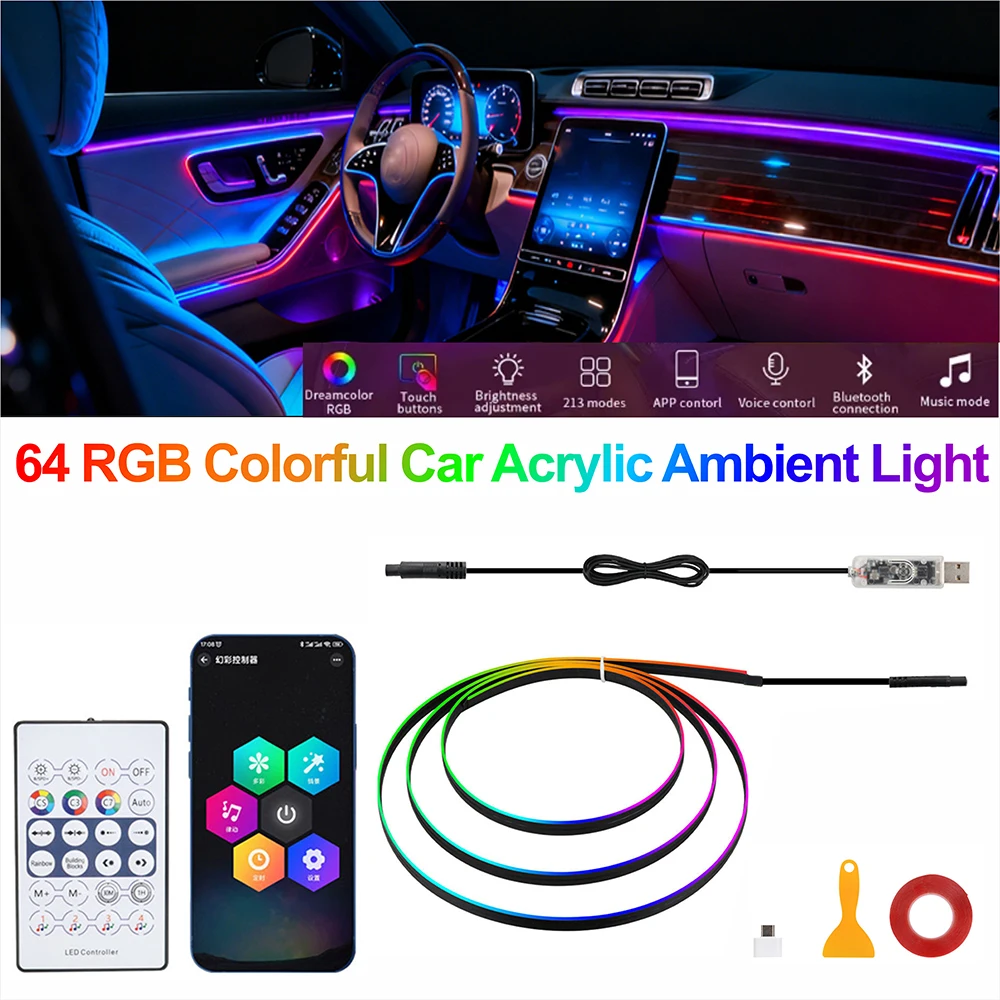 110/140CM Car LED Ambient Light LED APP Control Remote Atmosphere Lamp Symphony RGB Atmosphere Lamp 64 Colors  Acrylic LED Strip