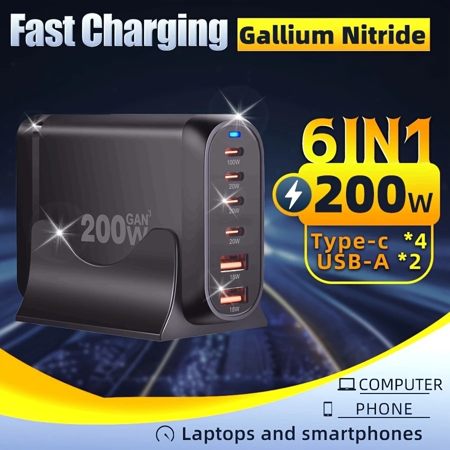 

200W GaN Charger 6-Port Desktop PD100W Fast Charging Station For MacBook Laptop USB C Charger for iPhone15 14 13 Pro Max Samsung
