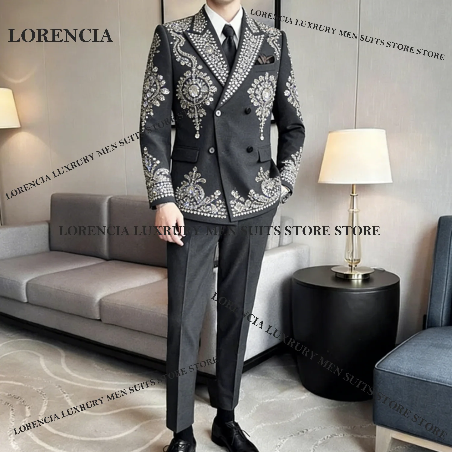 

Изысканный мужской костюм с кристаллами и стразами, индивидуальный пошив, 2 предмета, блестящие пиджаки для жениха, мужская одежда, сверкающие облегающие свадебные смокинги