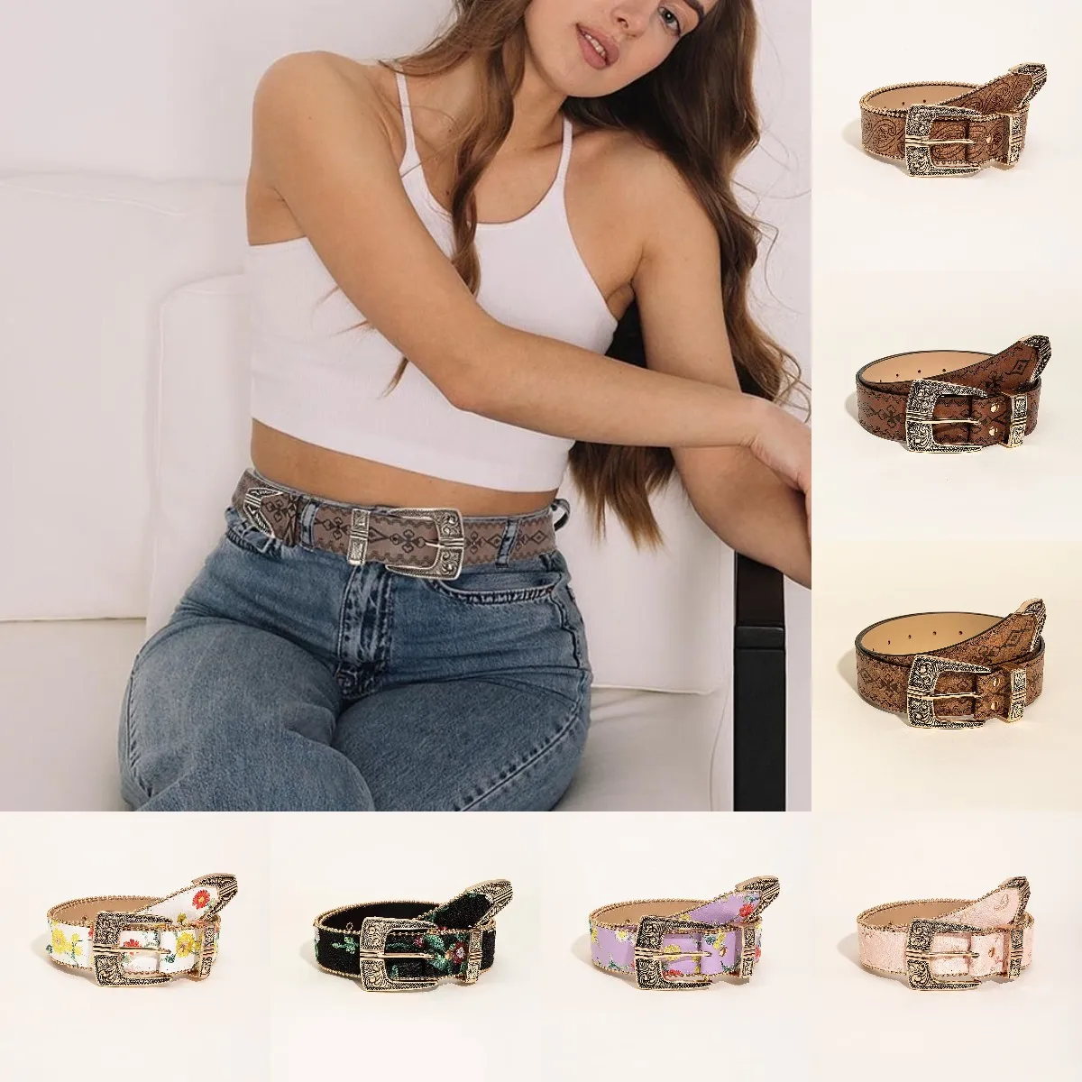 Pattern Print Retro Y2K Belts For Women Luxury Designer Brand Buckle Pin Waist Belt Female Pu Leather Hip Hop Fashion Waistband