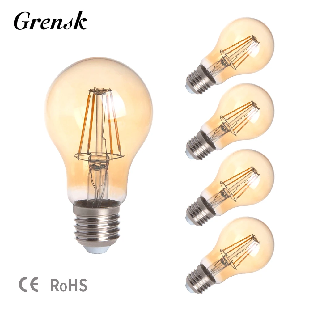 

5pcs LED Edison Bulb Dimmable 8W A19 E27 220V 2200K Warm White Amber Glass 70W Incandescent Equivalent Retro LED Filament Lamp