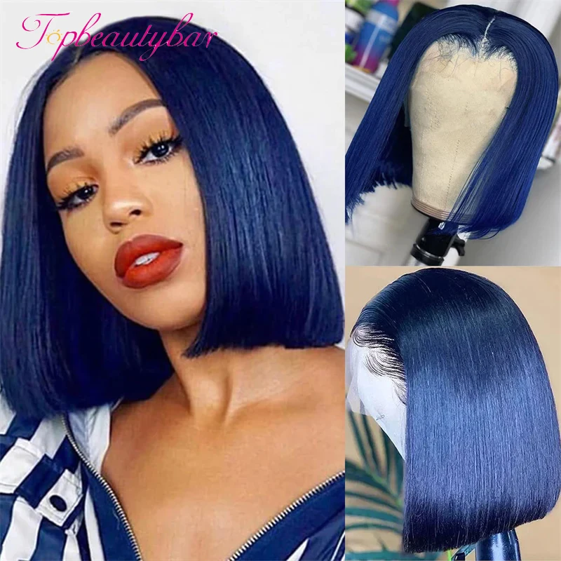 Sale Promotion Bob Straight 13x4 Lace Frontal Human Hair Wig Dark Blue Colored 180 Density Peruvian Remy Hair For Women