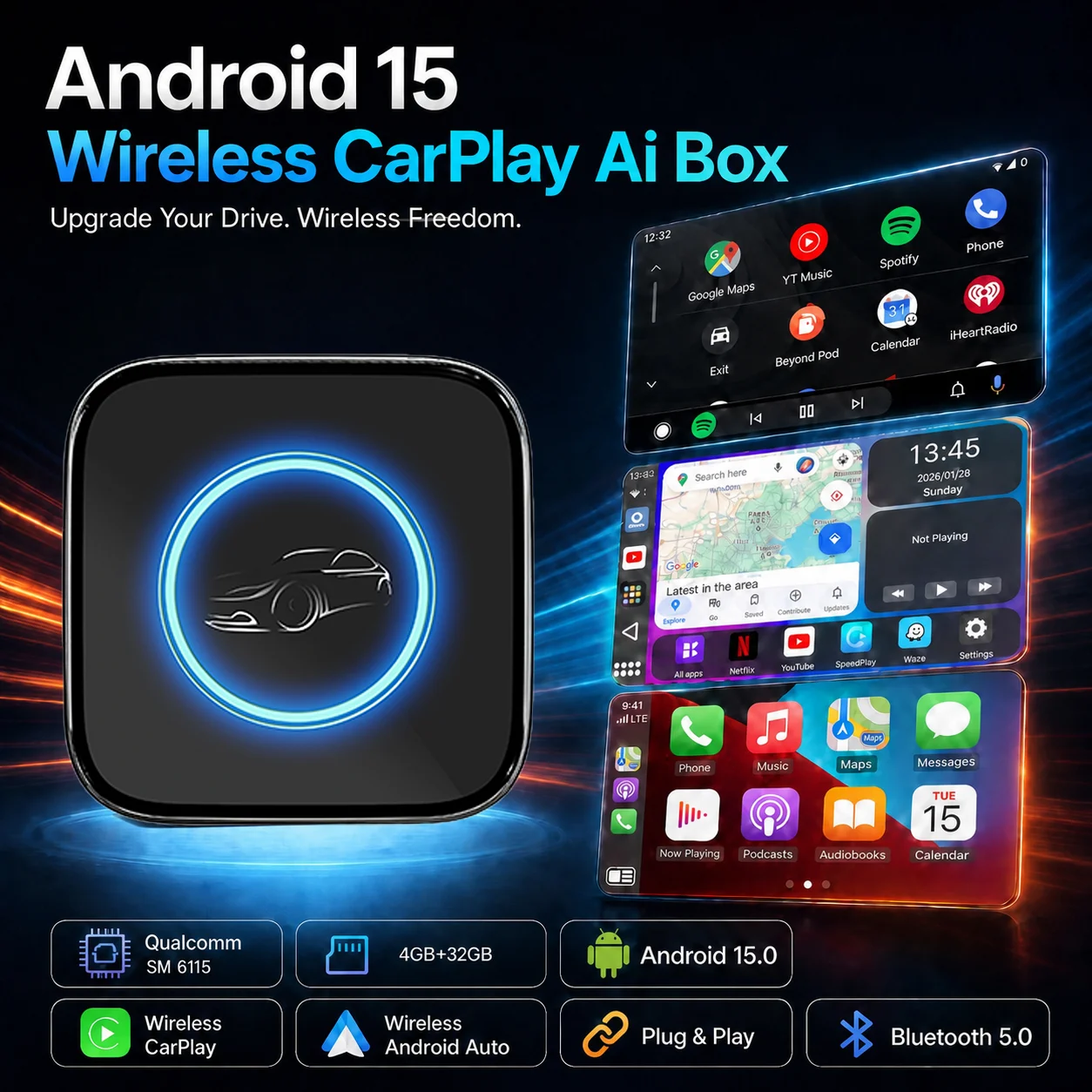 Android 15 CarRocket Android Auto Wireless CarPlay AI TV Box QCM6115 SM6225 4-Core Split Screen 32G For Netflix Play Store