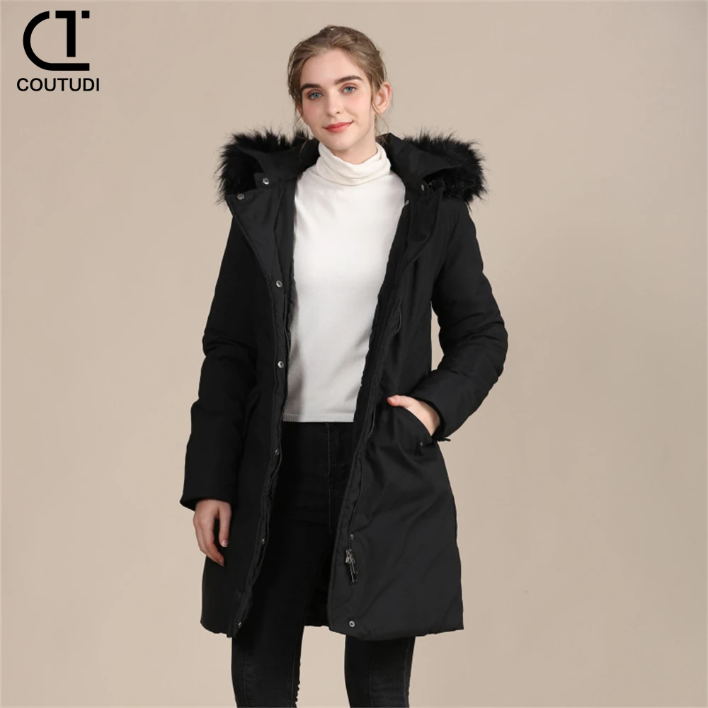 COUTUDI-Long Parkas with Fur Hooded for Women, Warm Down Jacket, Casual Coat, Female Overcoat, Winter Fashion, New, 2024