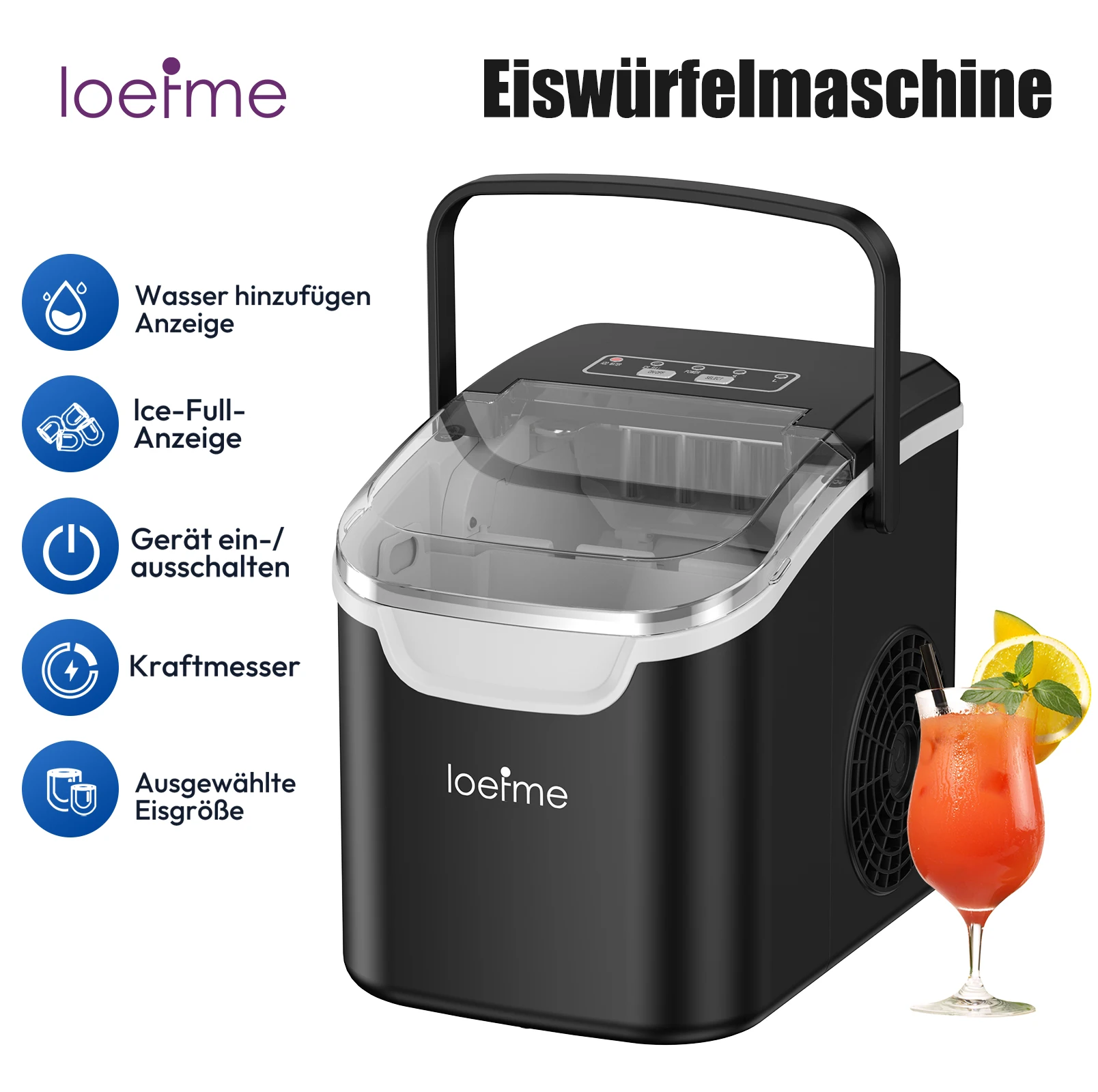 LOEFME 0,8L Eiswürfelmaschine für zu hause, 12 kg/24 Stunden, 8 Würfel in 6 Min, 2 Eisgrößen & Selbstreinigend für Haushalt/Bar