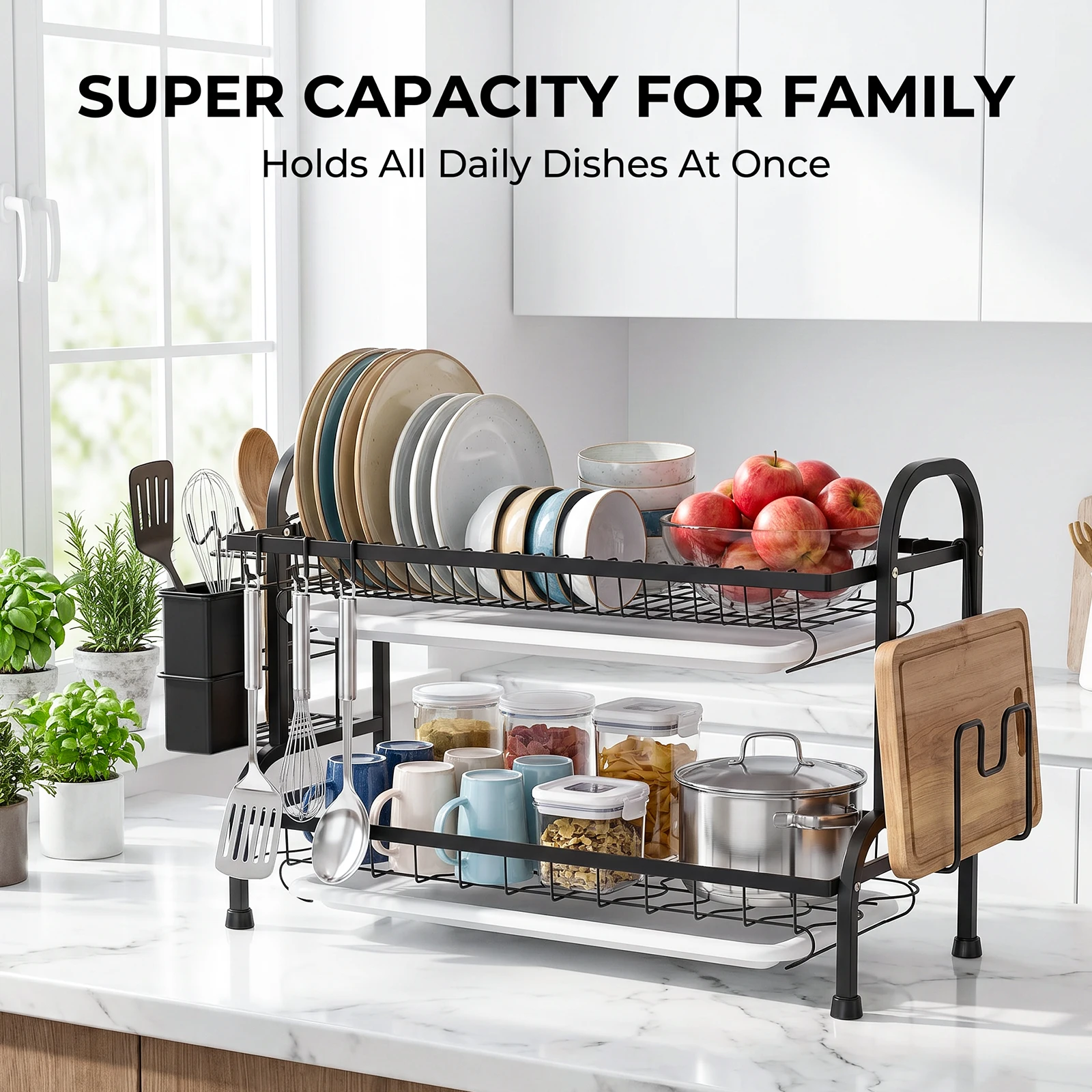 Scolapiatti da 42/53 cm, scolapiatti da cucina a 2 livelli con vassoio raccogligocce e tagliere, organizer da cucina in metallo, scaffale da appoggio per riporre ciotole, piatti e tazze.