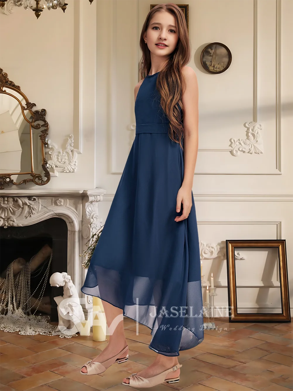 Elegant A-Line Halter Knee Length Chiffon Junior Bridesmaid Dress Pleated Silver Flower Girl Dress Girls Party Wedding Formal