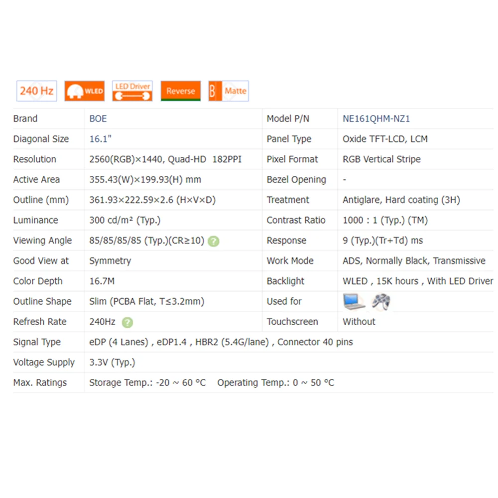 Imagem -03 - Painel de Tela Lcd Ne161qhm-nz1 Apto para Ne161qhm Nz1 2.5k 2560x1440 40 Pinos 240hz 100