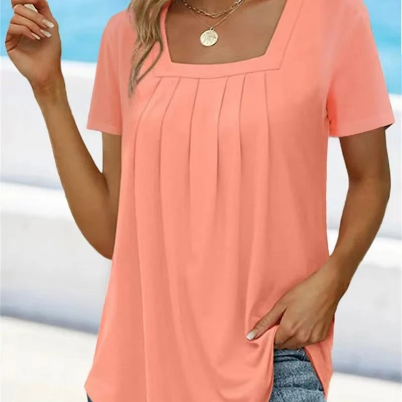 Summer Women\'s T-shirt Loose Cotton Short Sleeve Casual 2024 New Solid U-neck Pleated Female Shirts Fashion Ladies Vacation Tops