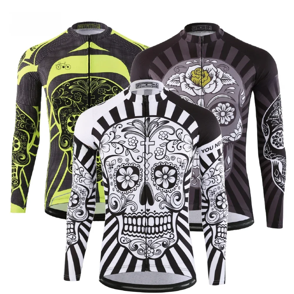 AliExpress KEMALOCE 2023 Autumn Pro Long Sleeve Cycling Jersey Skull Retro Men Full Sleeve Cycles Shirt Wear