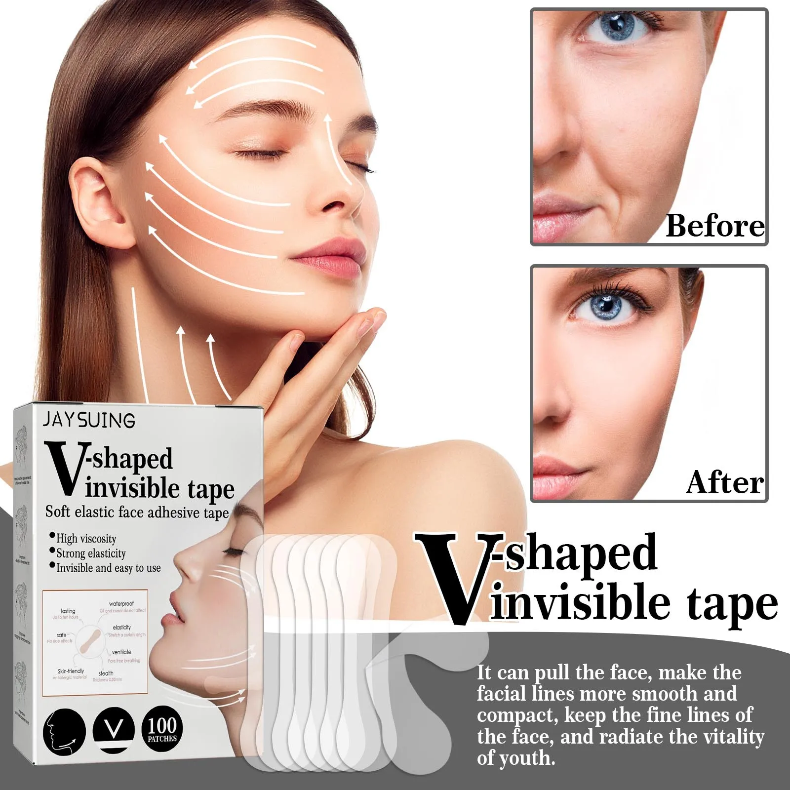 Jaysuing 100pcs Invisible Face Lifting Patch Sticker V Face Shaping Firming Forehead Neck Tighten Chin Facial Firming Patches