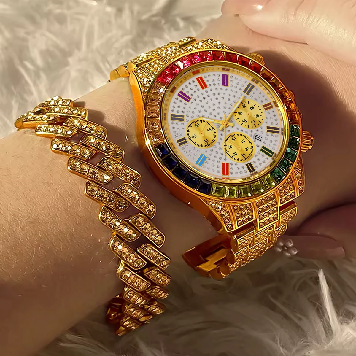 Fashionable Hip-Hop Business Men's Quartz Watch, Luxurious Cuban Chain Strap Set, Rhinestone Men's Gift Wristwatch