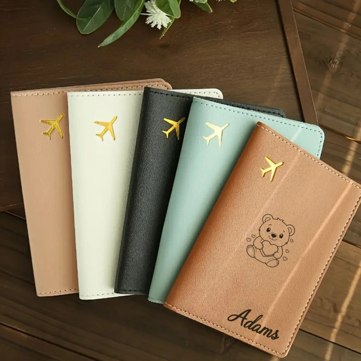 

1pc Custom Name Cute Bear and Airplane Design Travel Passport Holder Lightweight Foldable Organizer for ID and Documents