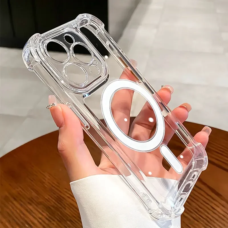 Capa magnética anti-choque macia, estojo transparente para iPhone 16, 15, 14 Plus, 13, 12, 11 Pro