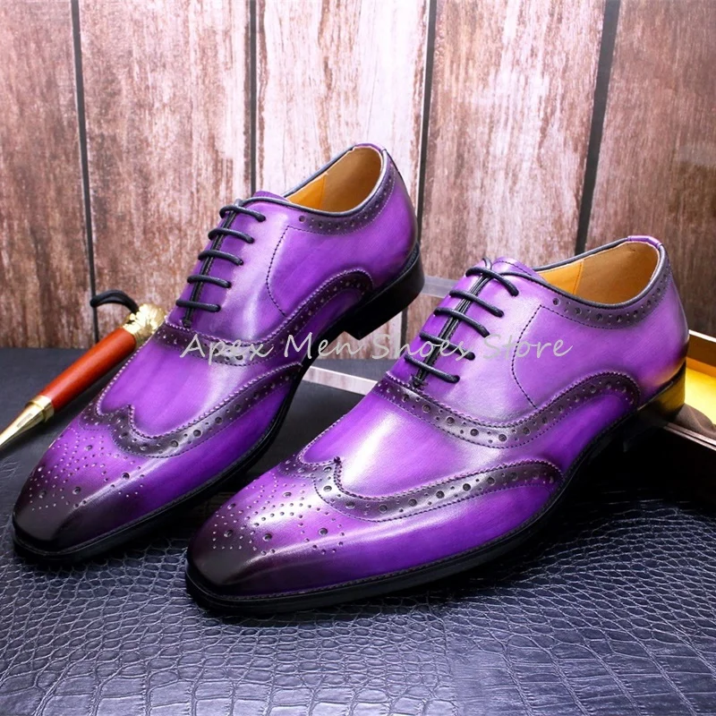 British Style Purple Round Toe Genuine Leather Men's Shoes Lace Up Hand Printed Oxford Shoes Business Casual Leather Shoes Party