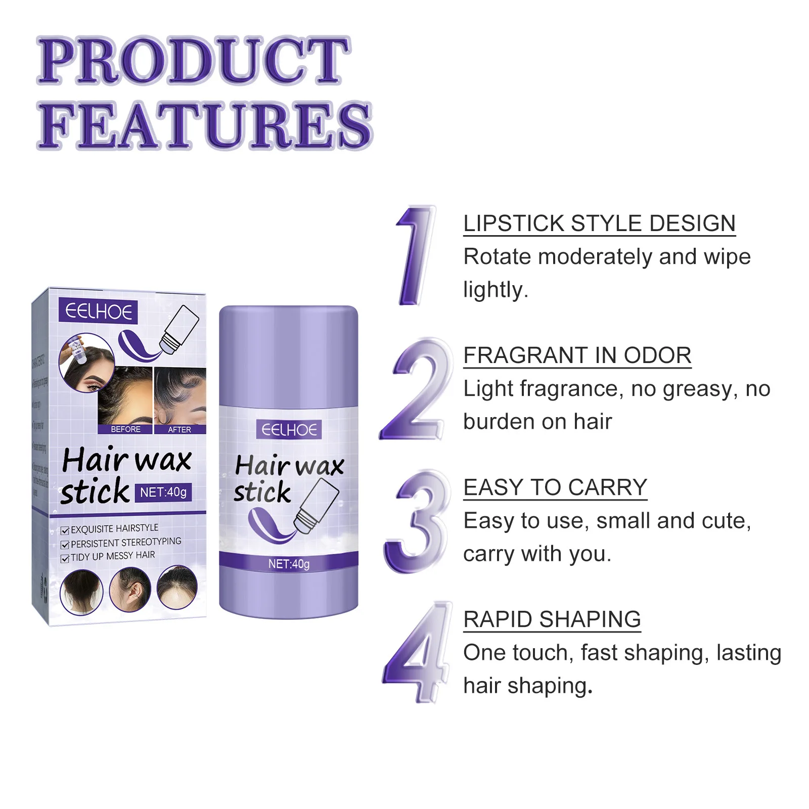 Eelhoe 40g Styling Hair Wax Stick Broken Hair Finishing Styling Frizz Fixed Fluffy Gel Loose Smooth Hair Fixed Edge Control Wax