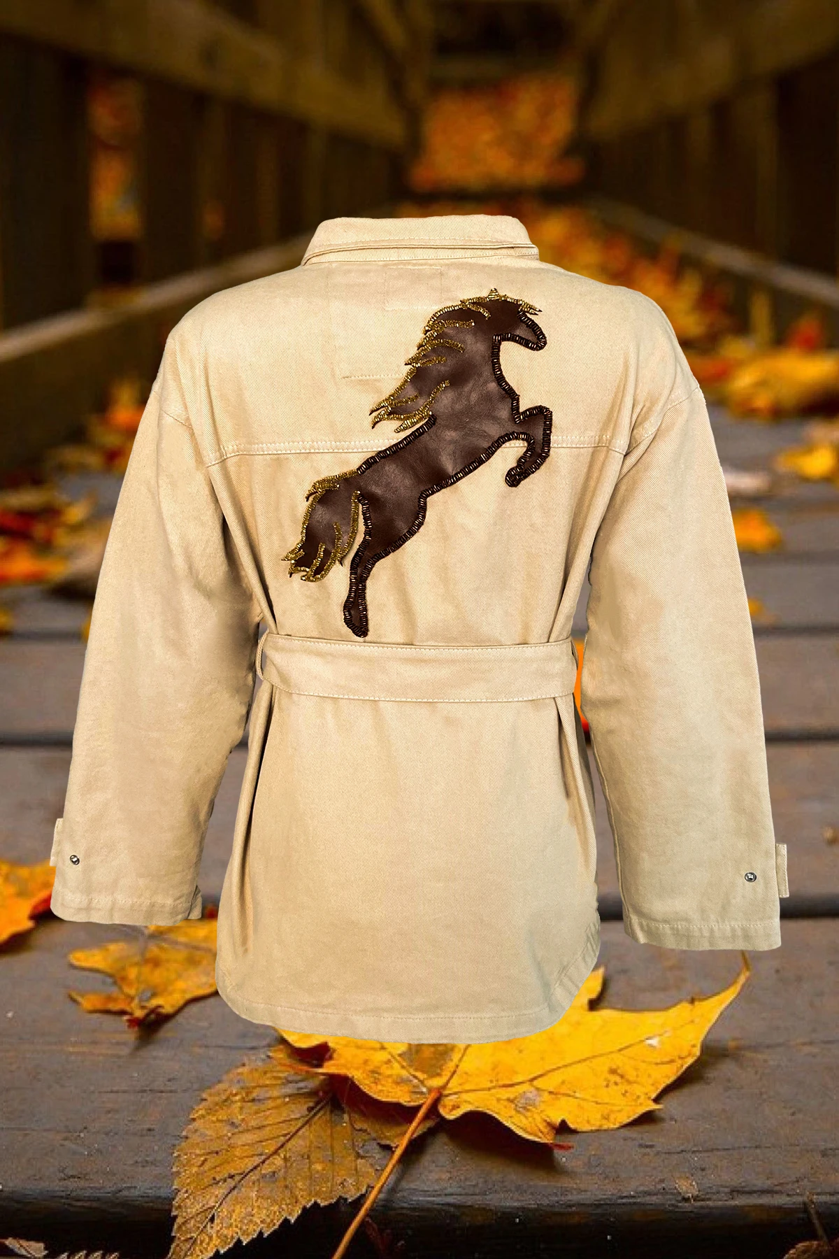 

Horse Figured with Bead Embroidered On Leather Cream Color Women Jean Jacket