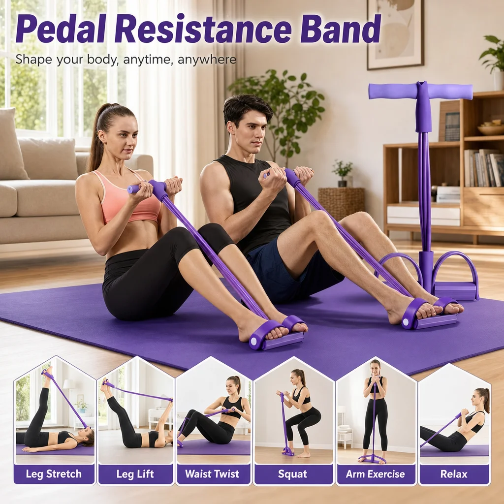4 Tube Foot Pedal Resistance Band, Multi-Purpose Home Workout Elastic Pull Rope for Yoga, Abdominal & Leg Strength Training
