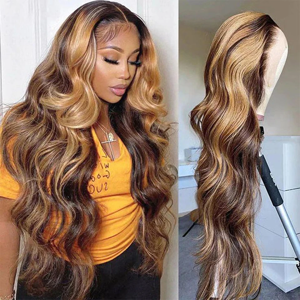 

13x4 13x6 Highlight Body Wave Lace Front Wig Transparent P4/27 Ombre Honey Blond Colored Human Hair Wigs For Women 30 40 inches