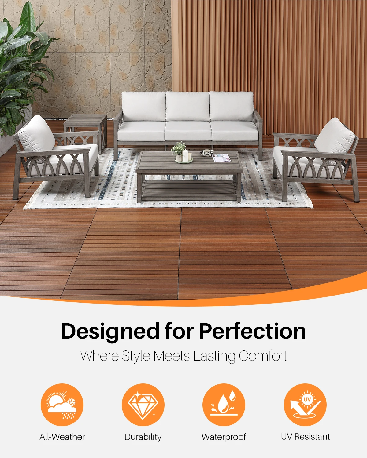 ชุดเฟอร์นิเจอร์ลานบ้าน SeeHill 5 ชิ้น, โซฟาอลูมิเนียมแบบประกอบส่วนพร้อมเบาะหนานุ่มสำหรับระเบียง ดาดฟ้า สระว่ายน้ำ