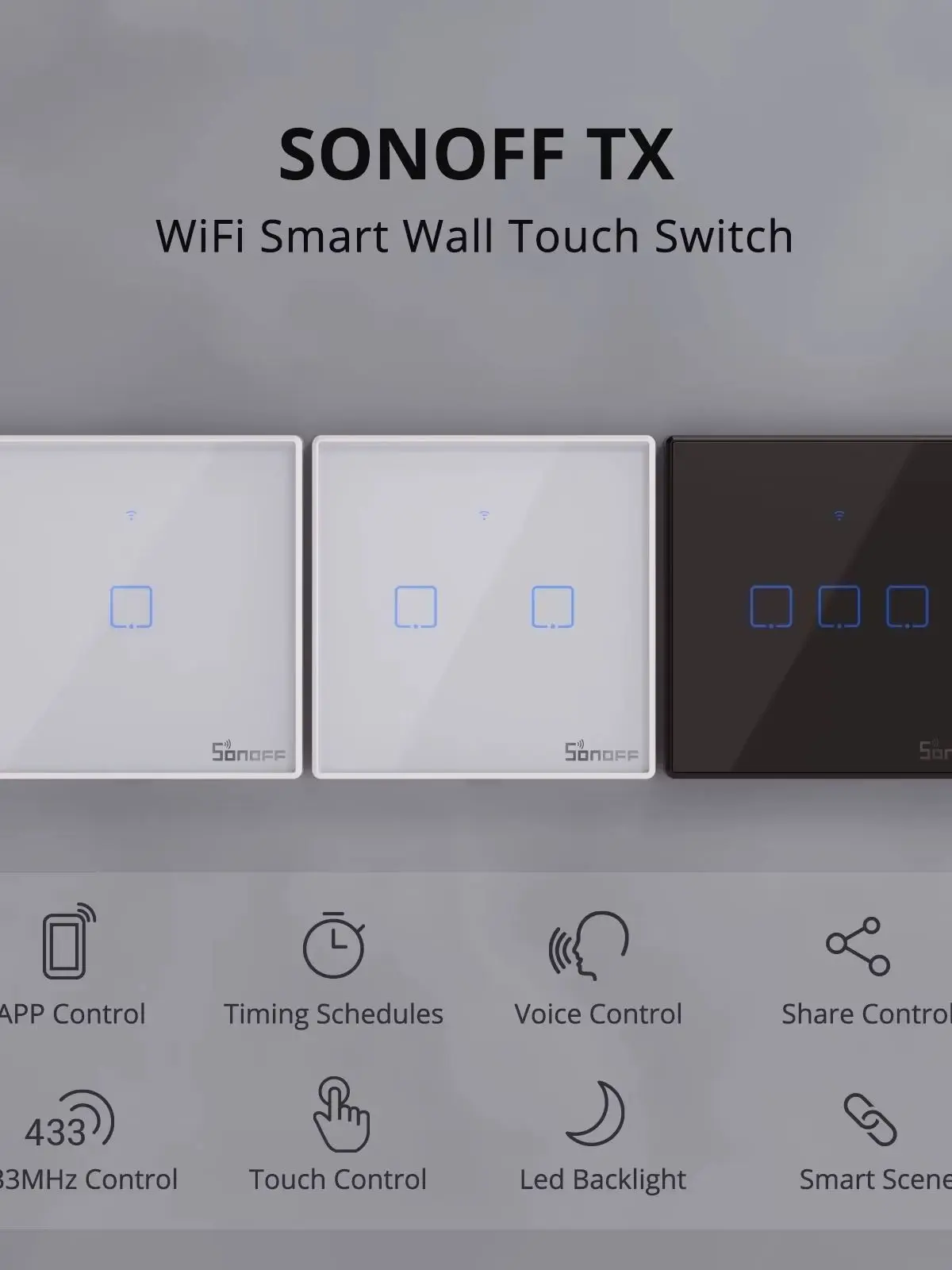 SONOFF T2/T3EU 433 MHz RF Wi-Fi dotykowy przełącznik ścienny, inteligentne sterowanie scenami za pomocą pilota eWeLink, sterowanie głosowe z Alexa i Google Home — 2