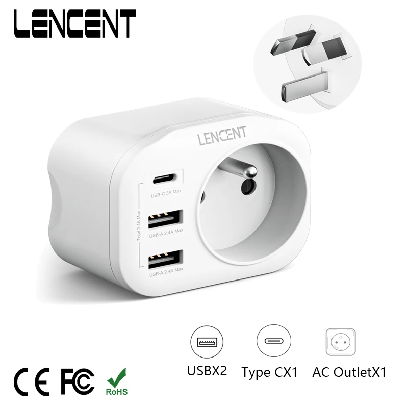 LENCENT FR to AU Australia Travel Adapter with 1 AC Outlet  2 USB Ports and 1 Type C 4 in 1 Adapter Wall Charger for Home/Travel