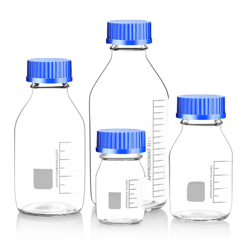 Szklana niebieska przezroczysta butelka na odczynnik 100/250/500/1000ml śruba usta skala laboratorium butelka do pobierania próbek przezroczysta jedwabna butelka z ustami — zdjęcie 2