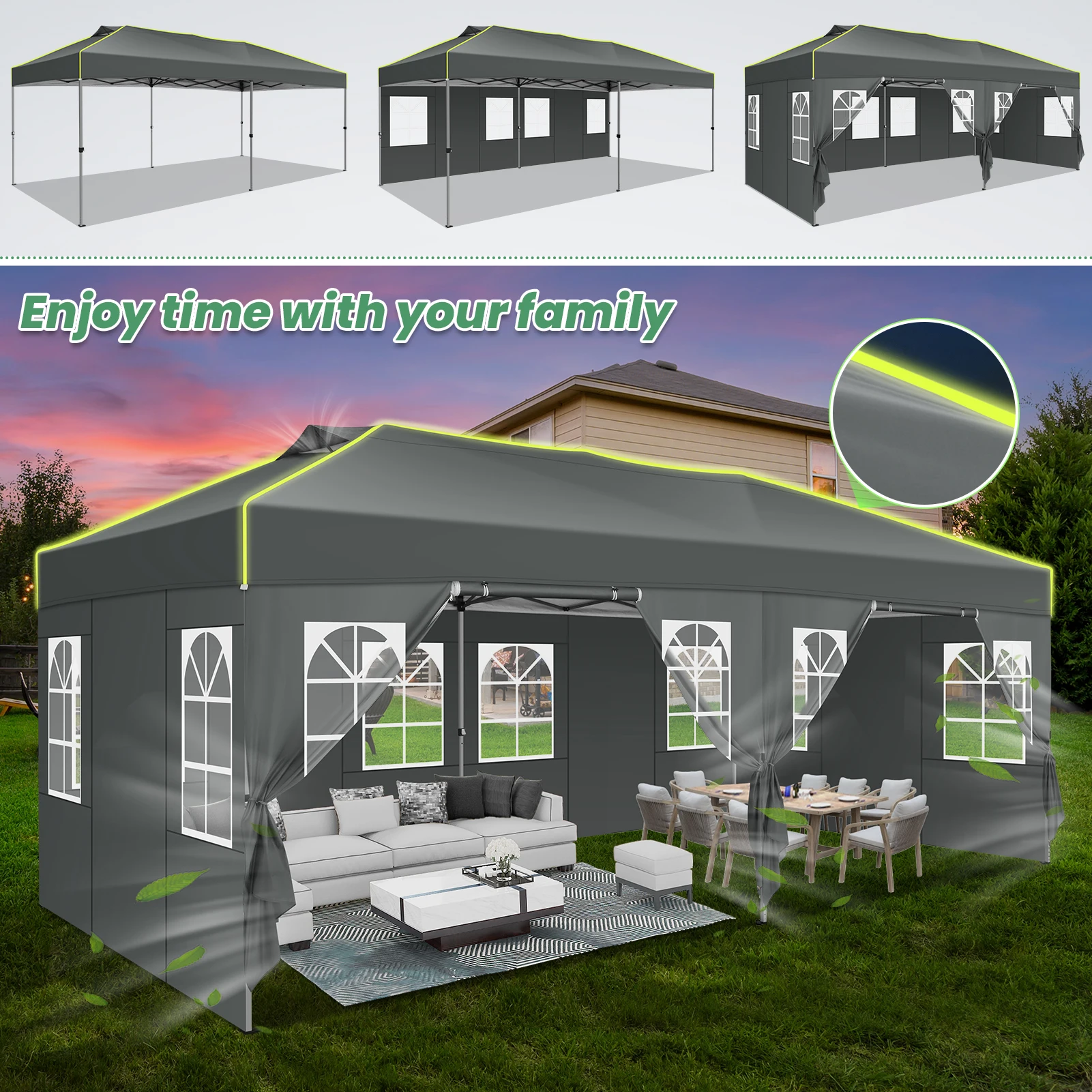 3x6m Folding Gazebo Event Canopy Pop Up Waterproof Party Tent With 6 Side Wall UV Protect For Garden Outdoor Commercial Wedding