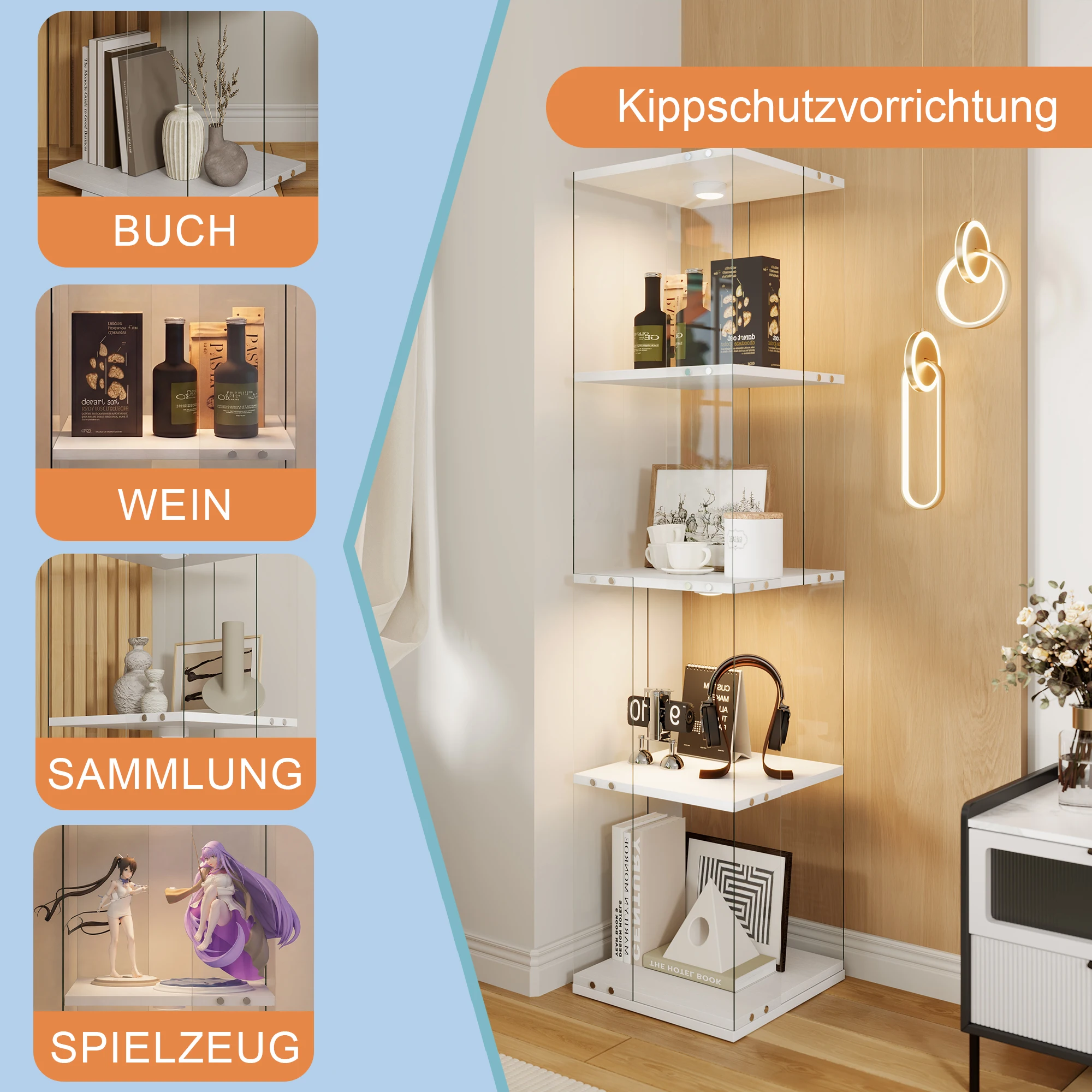 Vitrina de cristal, armario de cristal con 4 estantes, vinoteca giratoria de 360° y vitrina de colección para figuritas, baño y cocina, diseño moderno en blanco, capacidad de carga de hasta 2 kg.