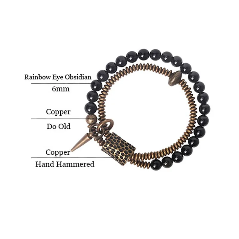 Black Obsidian Beads Bracelet Hammered Brass Two Row  Health Unisex Jewelry for Women Unique Handmade Personalized Bracelet